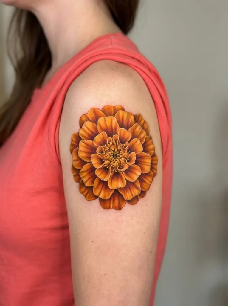 Marigold Flower Tattoo with Warm Golden Detail