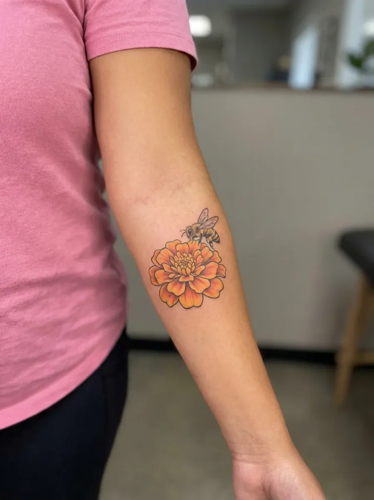 Marigold Flower and Bee Tattoo