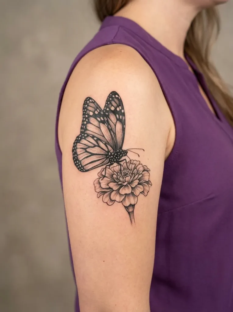 Marigold Flower and Butterfly Tattoo