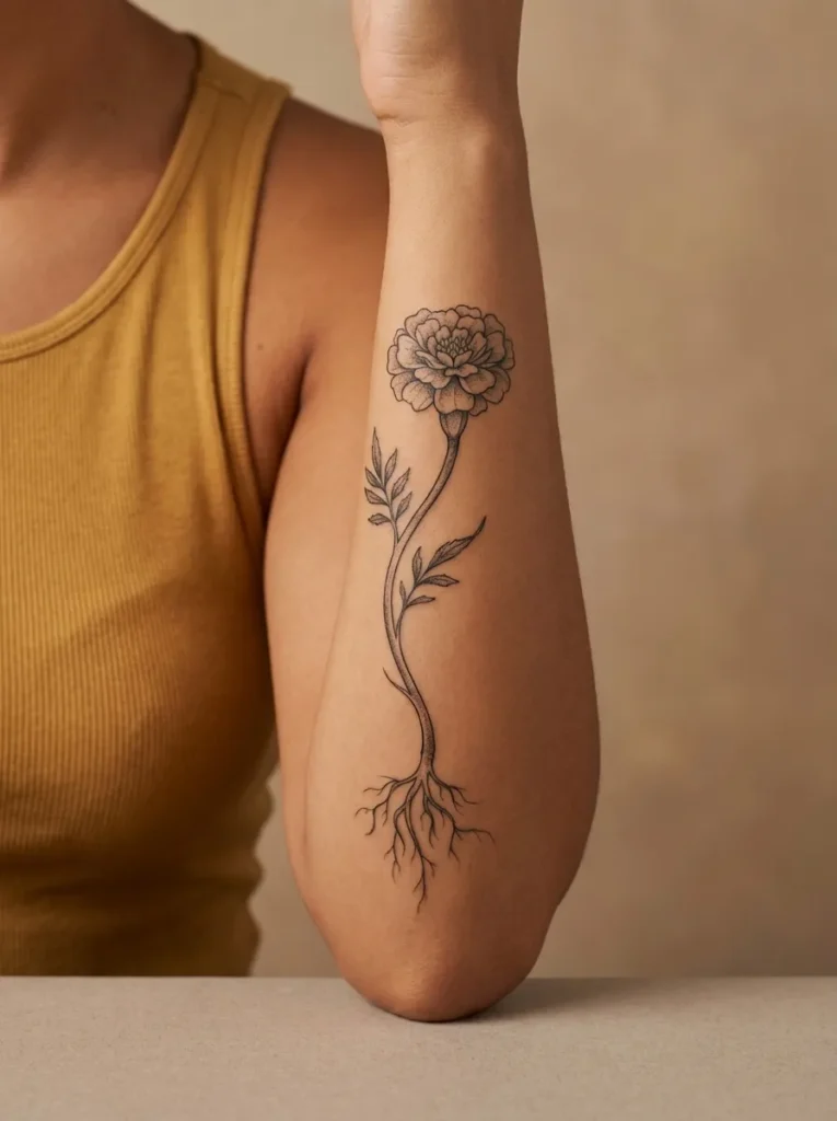 Marigold Flower with Stem Tattoo