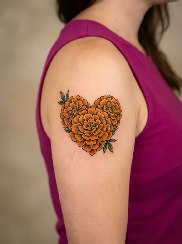 Marigold Heart Flower Tattoo