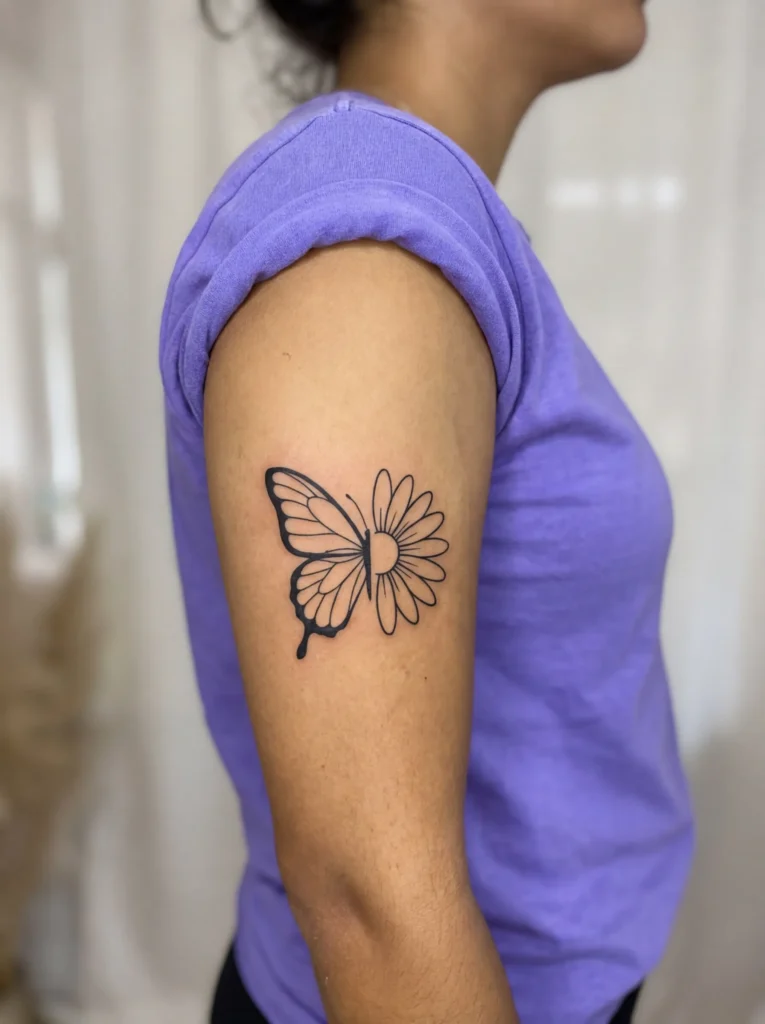 Minimalist Black-Ink Butterfly Half + Simple Daisy Half