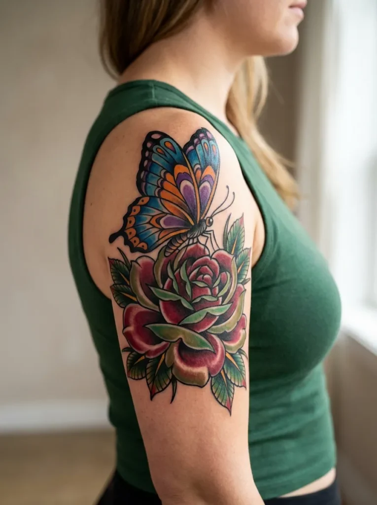 Neo Traditional Butterfly with Bold Rose