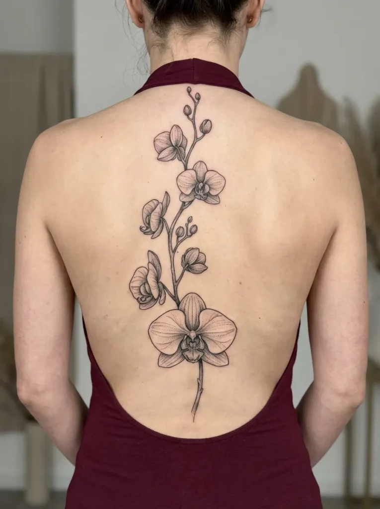 Orchid Flower Spine Tattoo