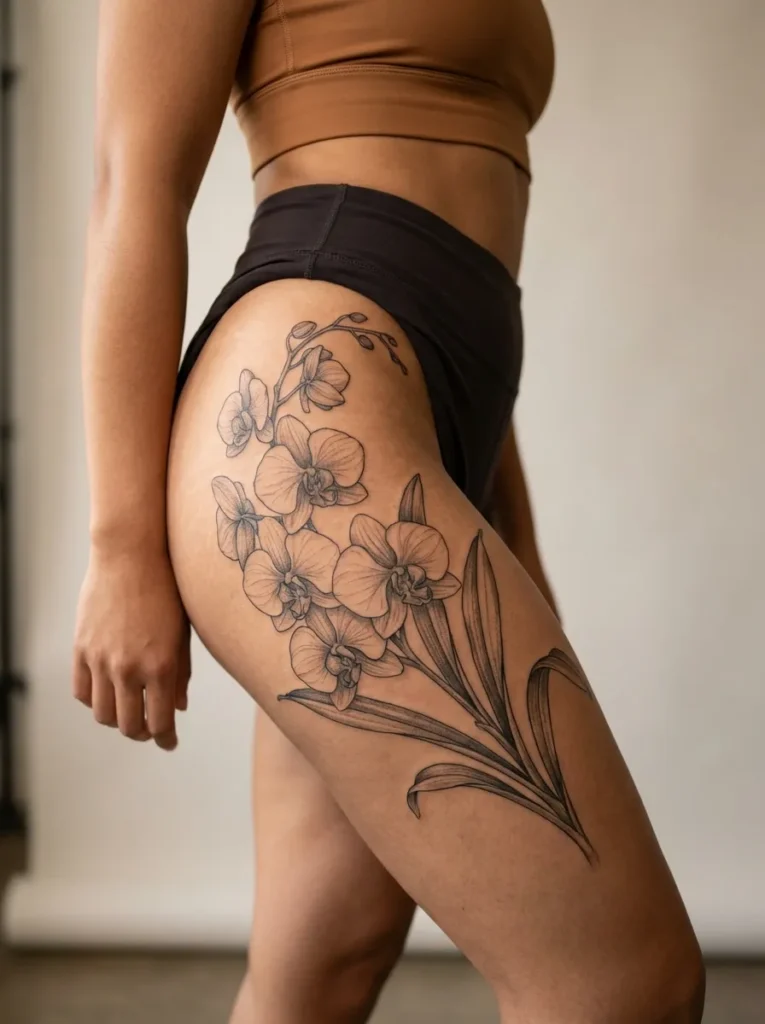 Orchid Flower Thigh Tattoo