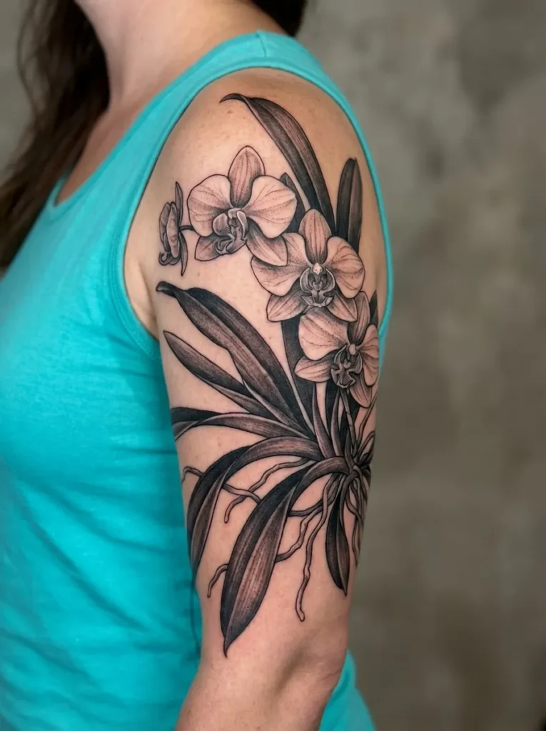 Orchid Flower with Leaves Tattoo