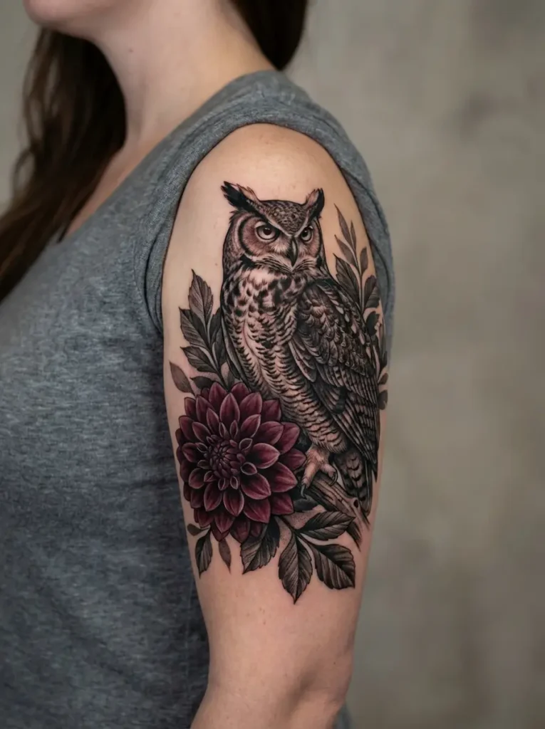 Owl with Dahlia Tattoo