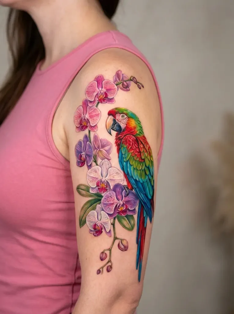 Parrot with Orchid Tattoo