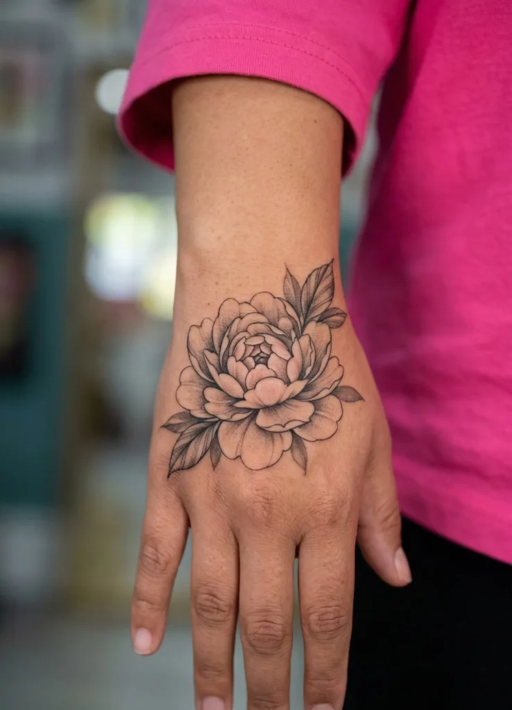 Peony Flower Hand Tattoo