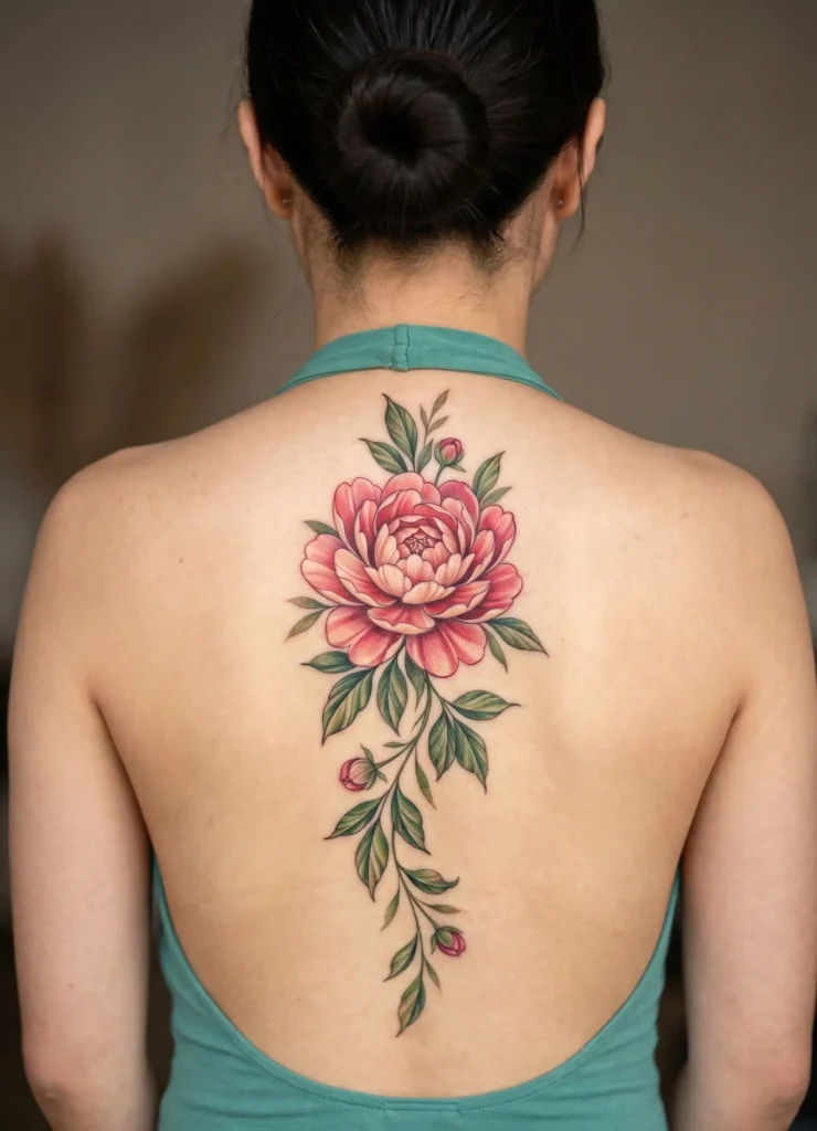 Peony Flower Spine Tattoo