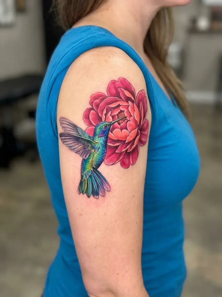 Peony Flower and Hummingbird