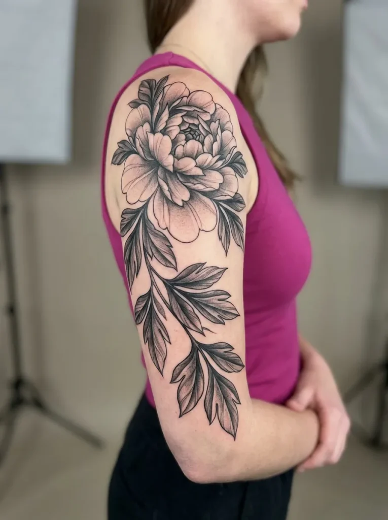 Peony Flower with Leaves Trail