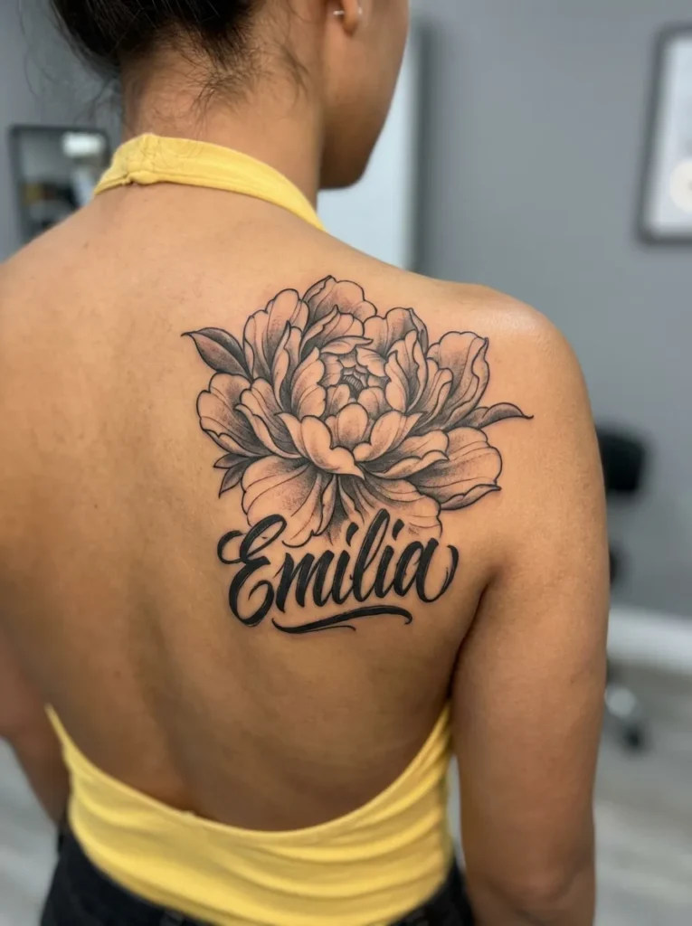 Peony Name Tattoo with Bold Petal Detail