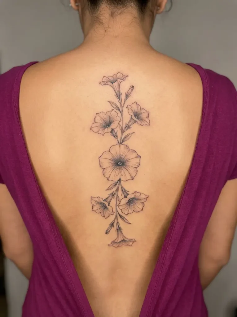 Petunia Flower Spine Tattoo