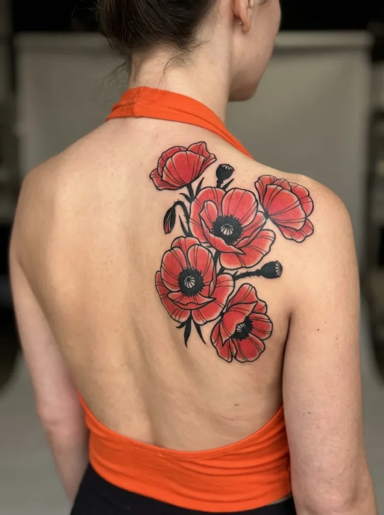 Poppy Back Flower Tattoo