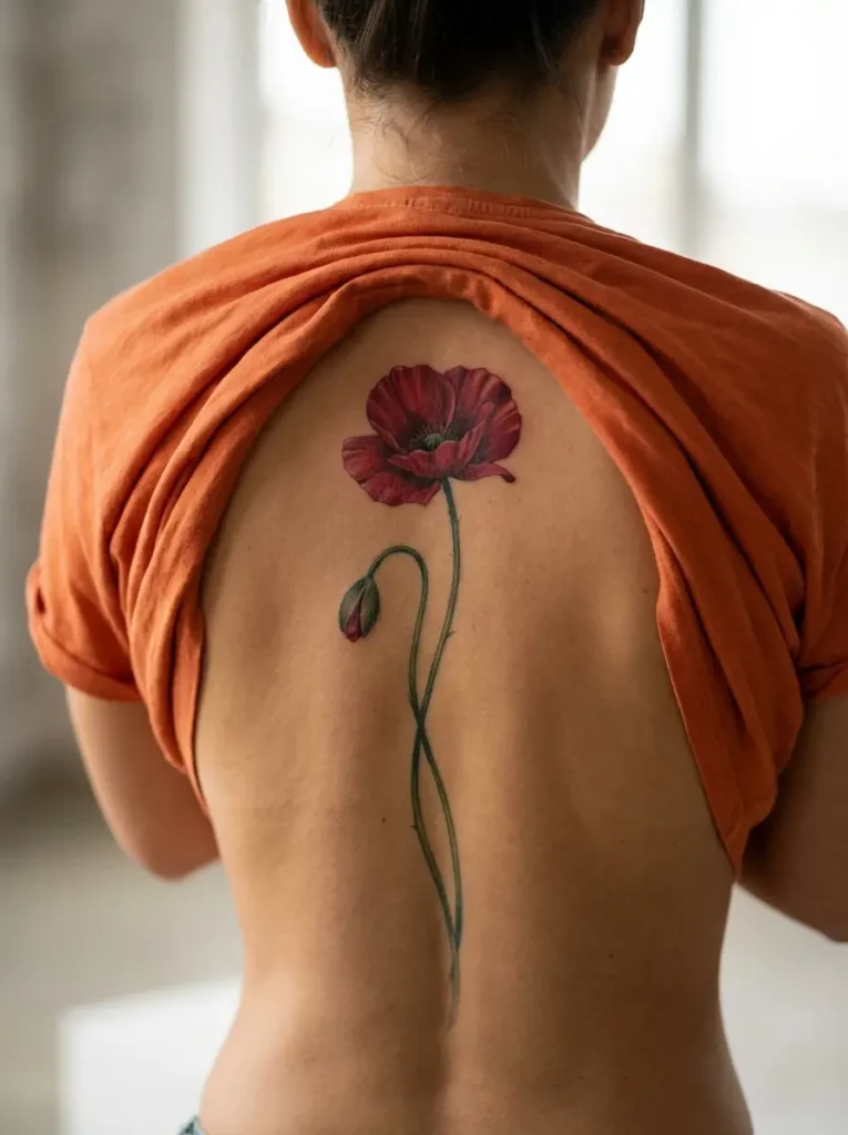 Poppy Flower Spine Tattoo