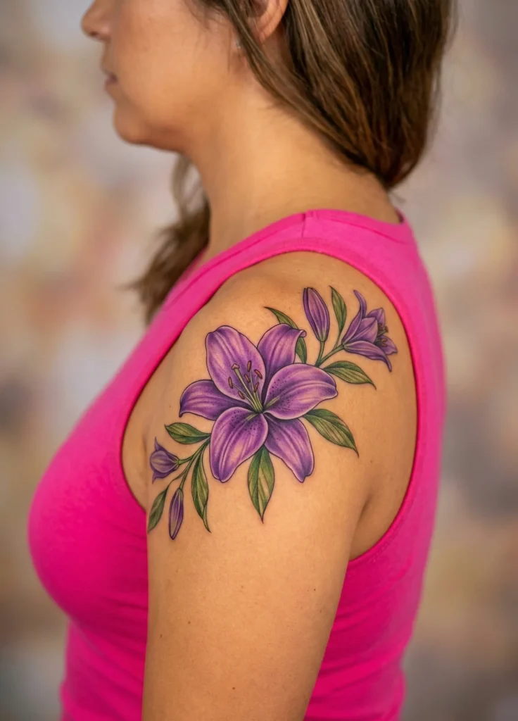 Purple Lily Flower Shoulder Tattoo