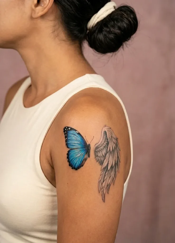 Realistic Butterfly Paired with Detailed Angel Wing
