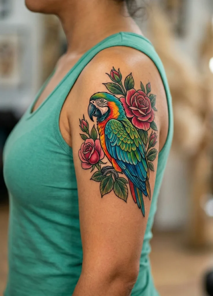 Rose Flower and Parrot