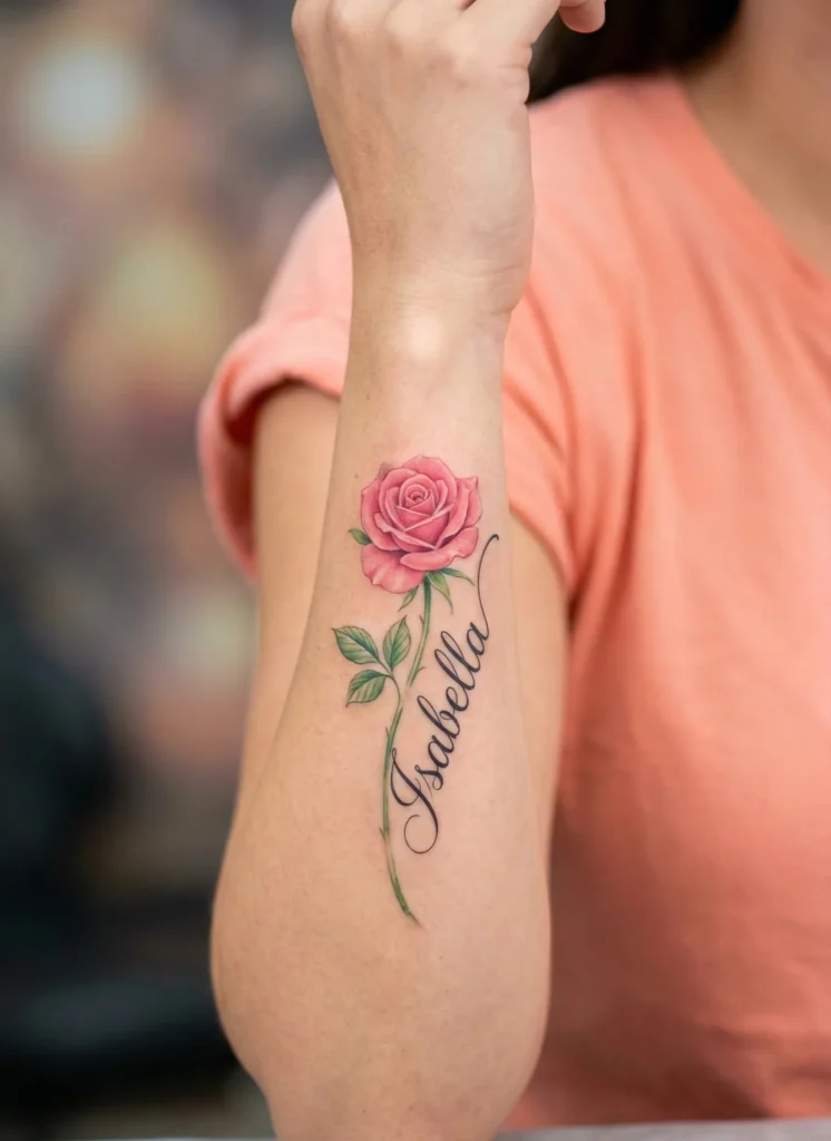 Rose Name Tattoo with Floral Accent