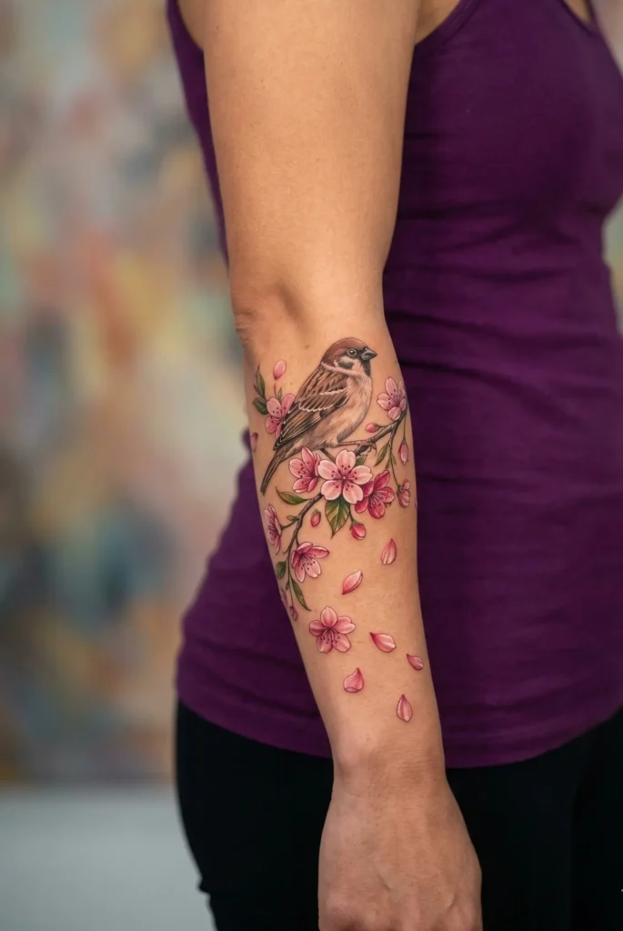 Sparrow with Cherry Blossom Tattoo