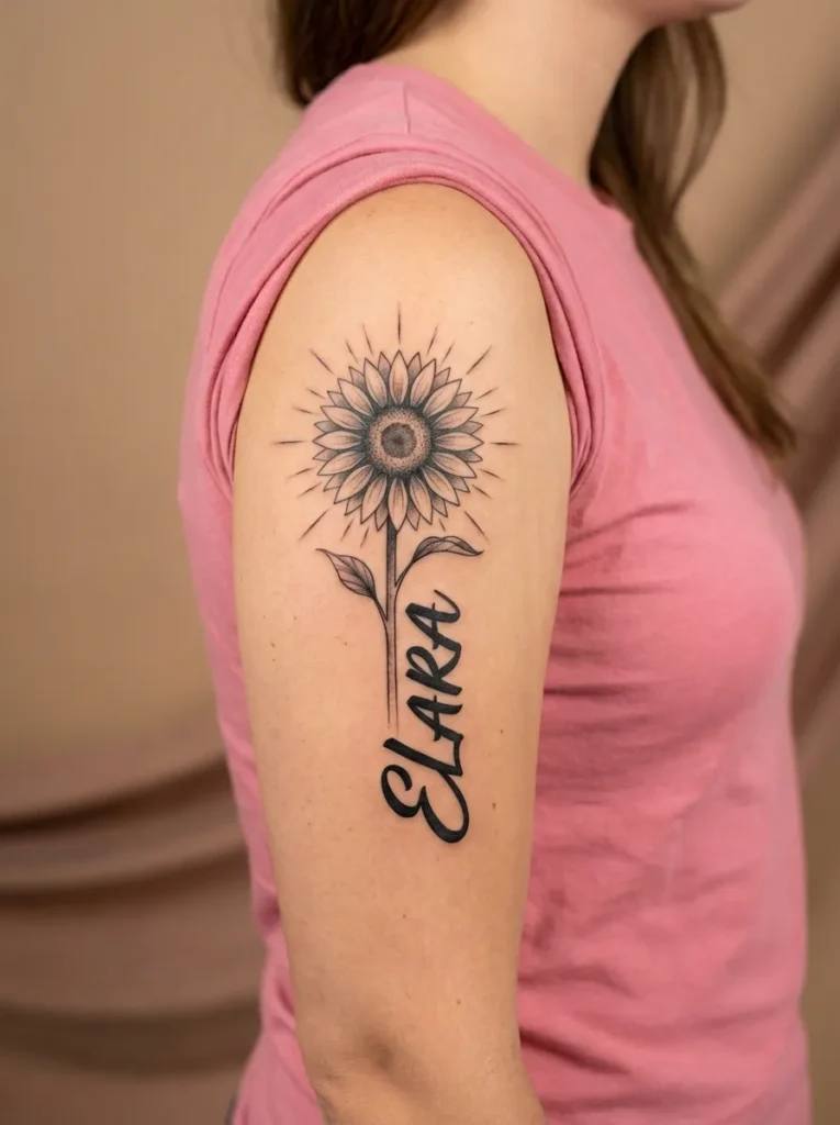 Sunflower Name Tattoo with Radiant Petals