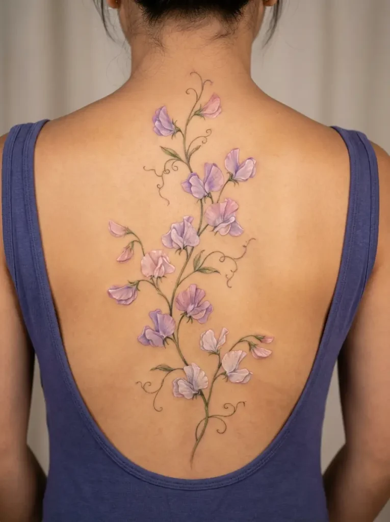 Sweet Pea Flower Spine Tattoo