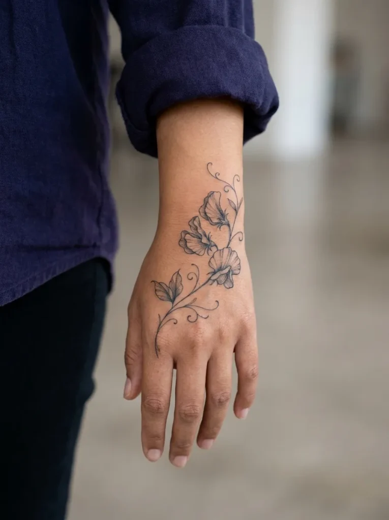 Sweet Pea Hand Tattoo