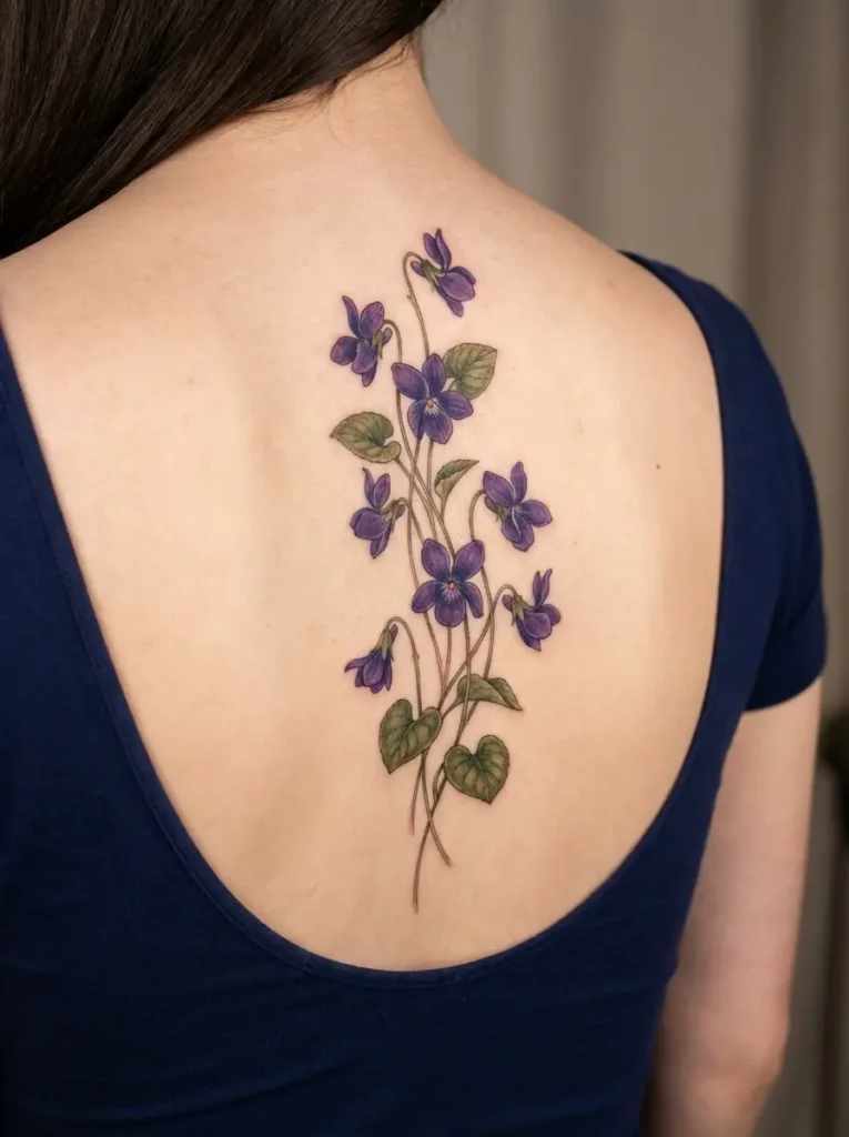 Violet Flower Spine Tattoo