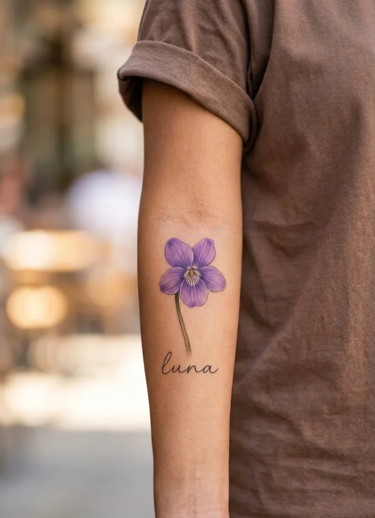 Violet Name Tattoo with Small Floral Touch