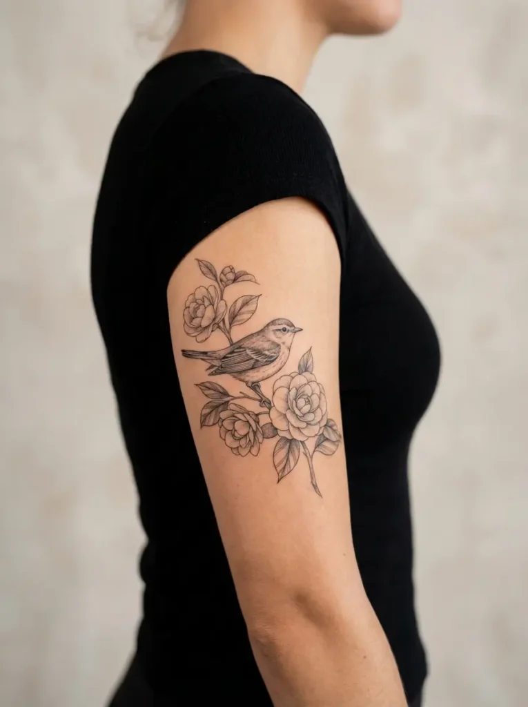 Warbler with Camellia Tattoo