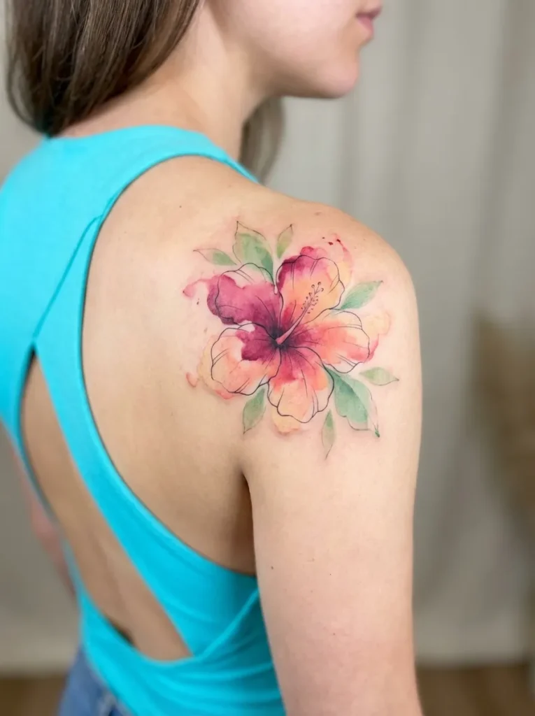 Watercolor Hibiscus Flower Tattoo