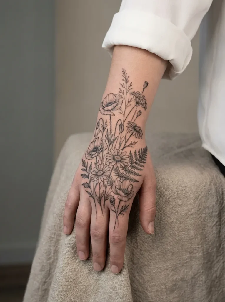 Wildflower Cluster Hand Tattoo
