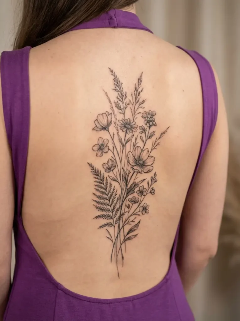 Wildflower Cluster Spine Tattoo