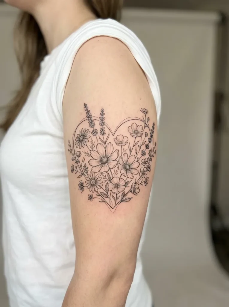 Wildflower Heart Bouquet Tattoo