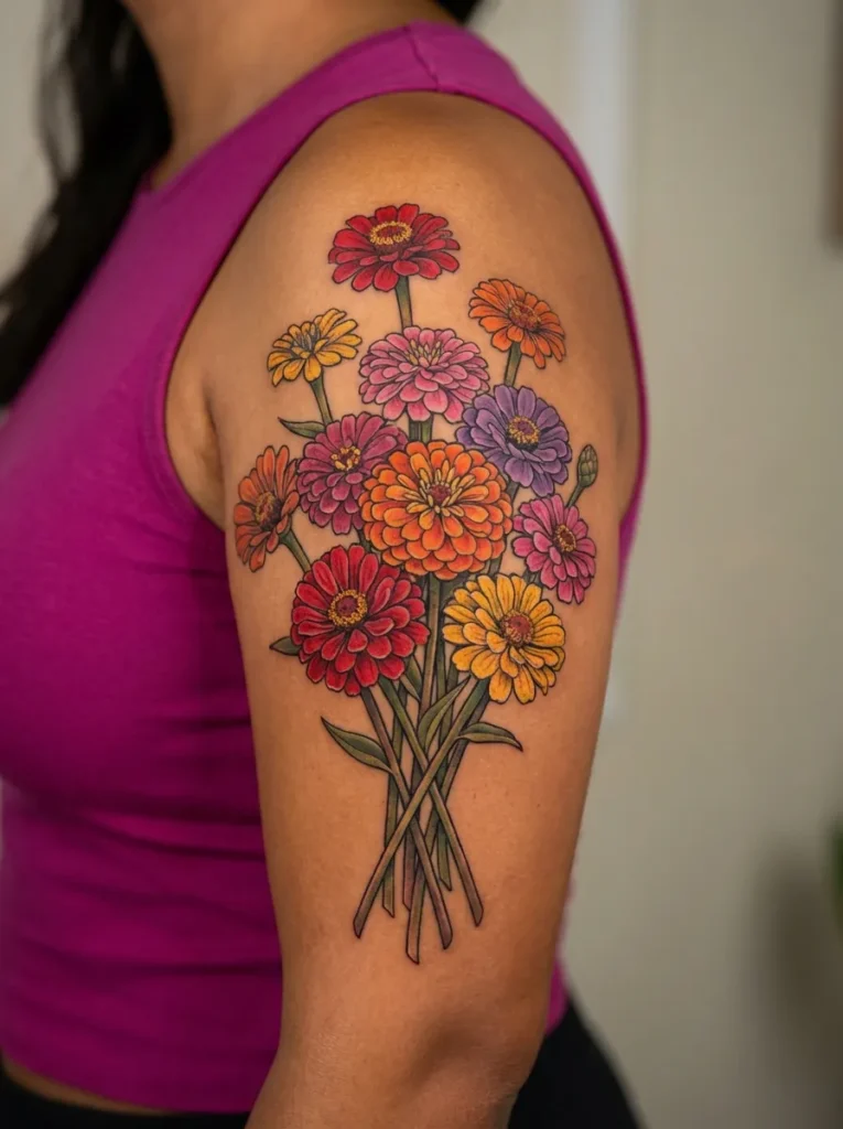 Zinnia Flower Bouquet Tattoo