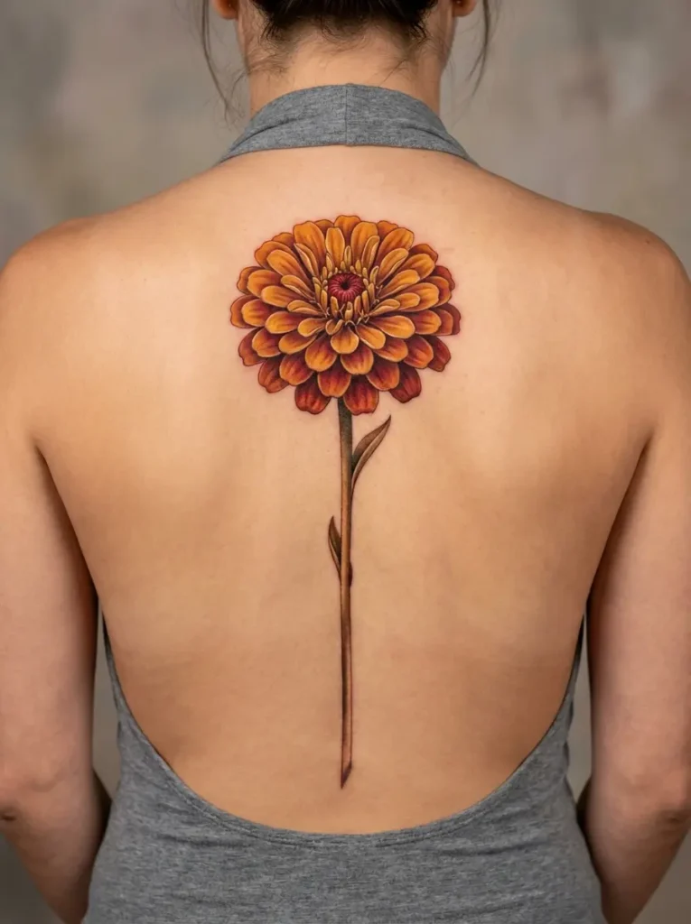 Zinnia Flower Spine Tattoo