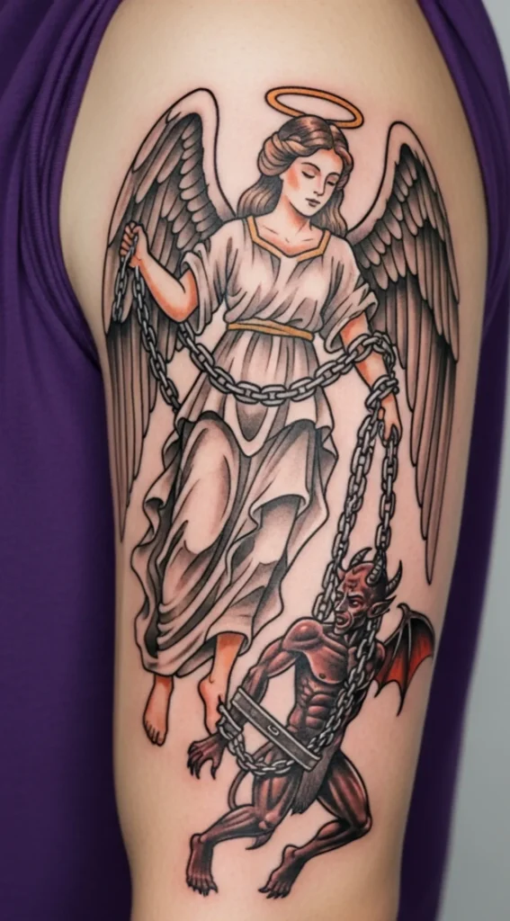 Angel Holding Demon Chain Control