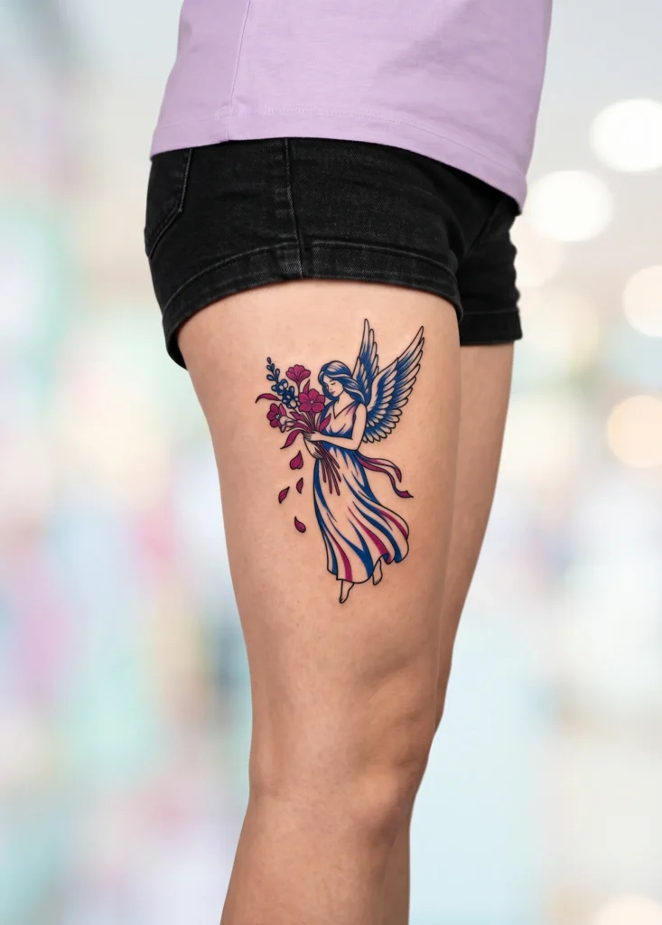 Angel Holding Flowers Tattoo