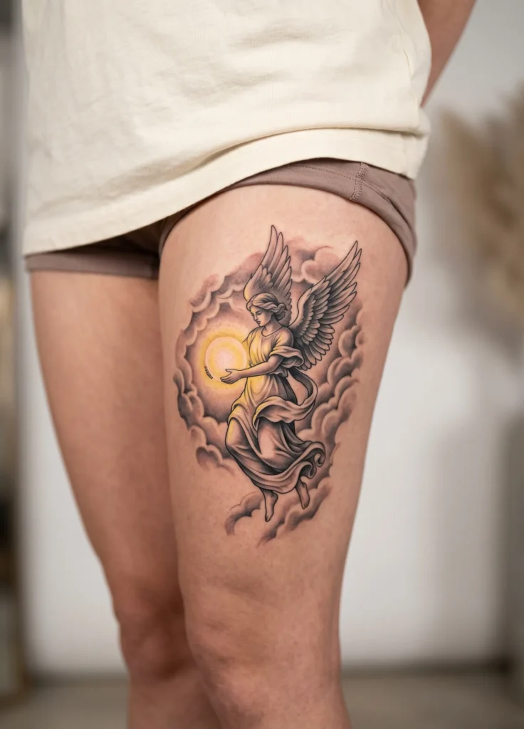 Angel Holding Light in Clouds