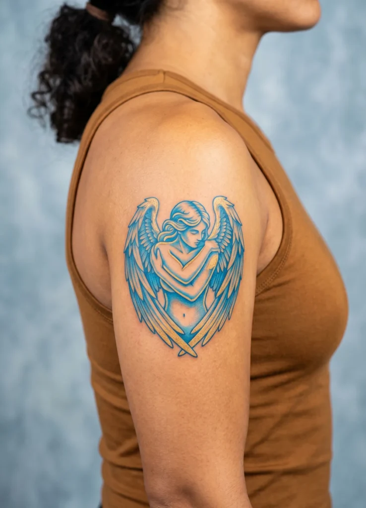 Angel Hugging Self Pose Tattoo