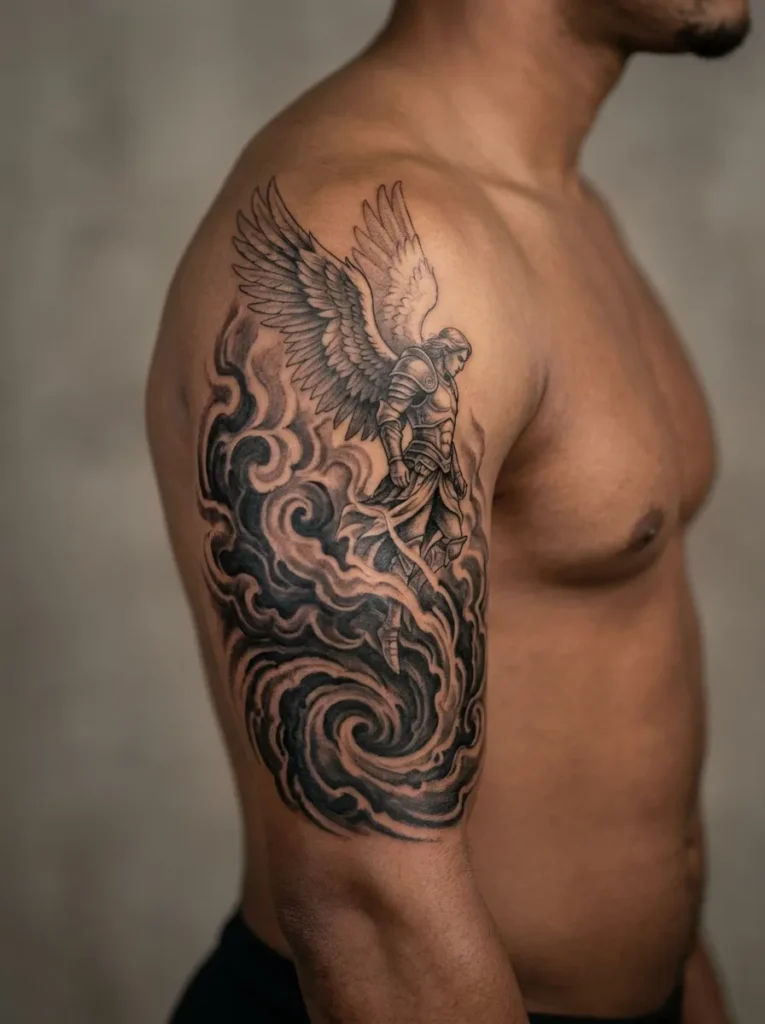 Angel Rising from Black Smoke Vortex