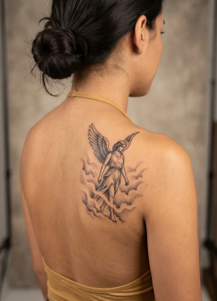 Angel Walking Through Mist Clouds