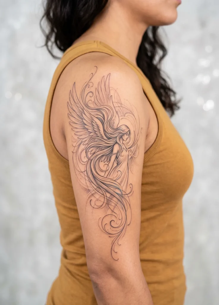 Angel with Flowing Hair Tattoo