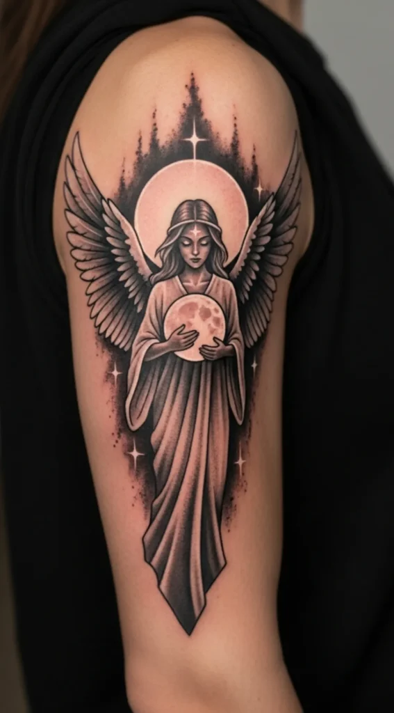 Angel with Moon Glow Tattoo