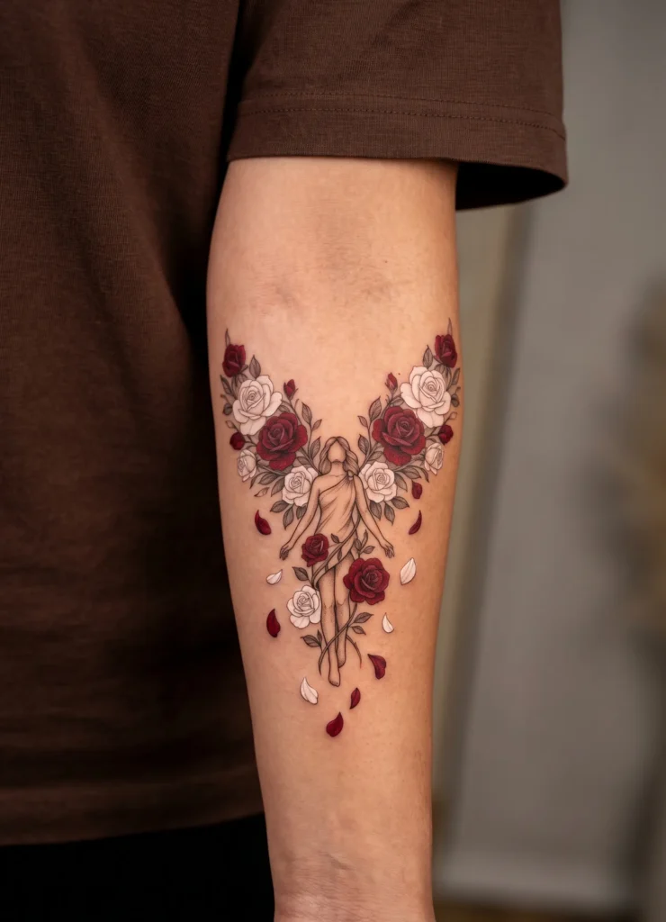 Angel with Rose Wings Tattoo