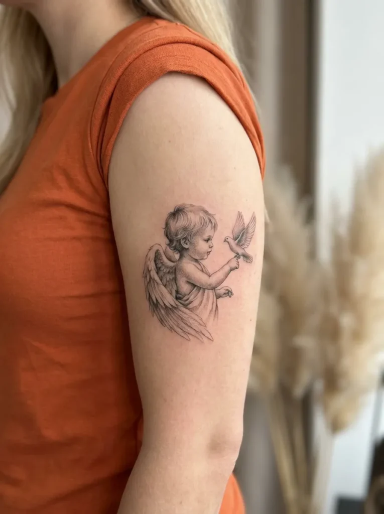 Baby Angel Holding Tiny Dove