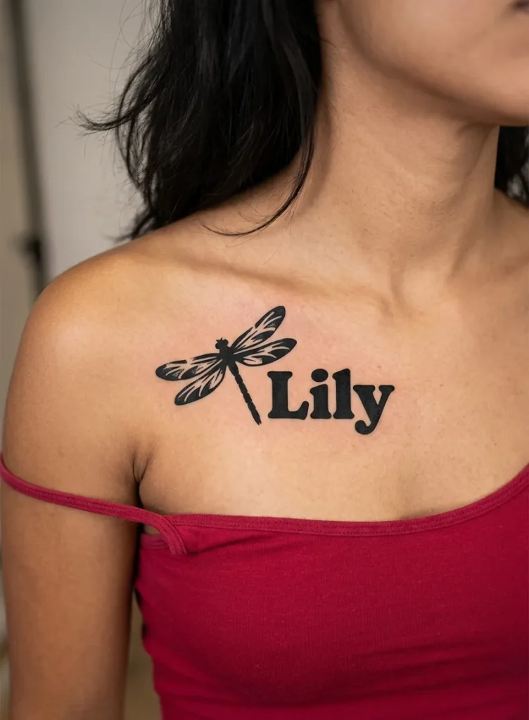 Blackwork Dragonfly with Bold Name Lettering
