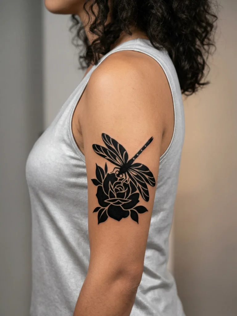 Blackwork Dragonfly with Bold Rose Silhouette