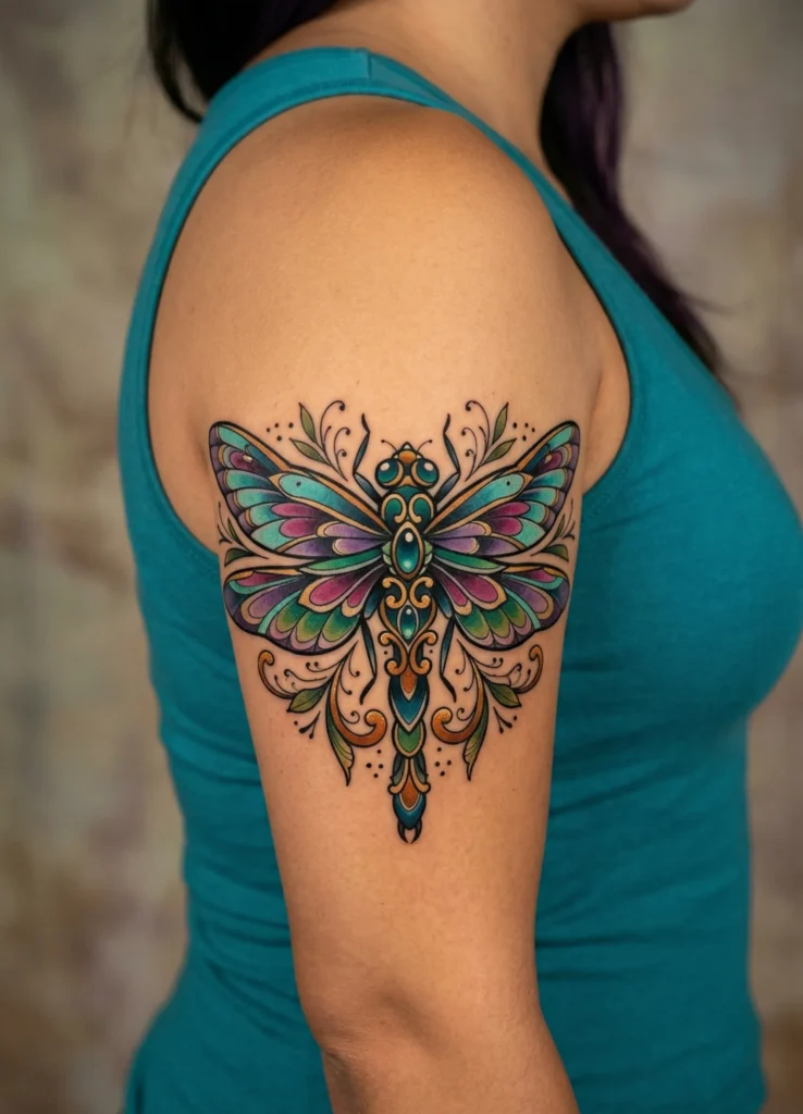 Bold Neo Traditional Dragonfly Tattoo